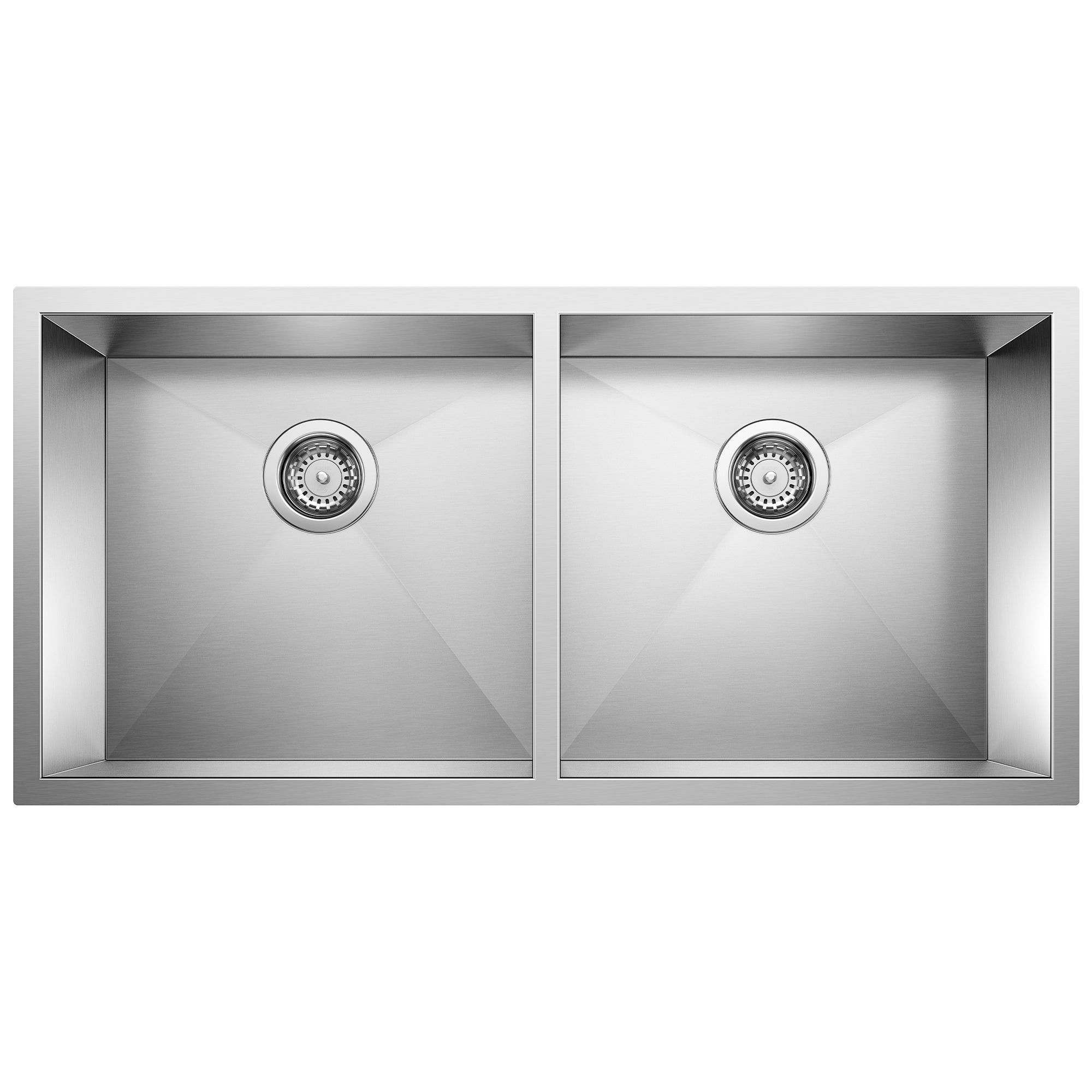 Stainless steel double bowl sink with two equal-sized rectangular basins and drain strainers.