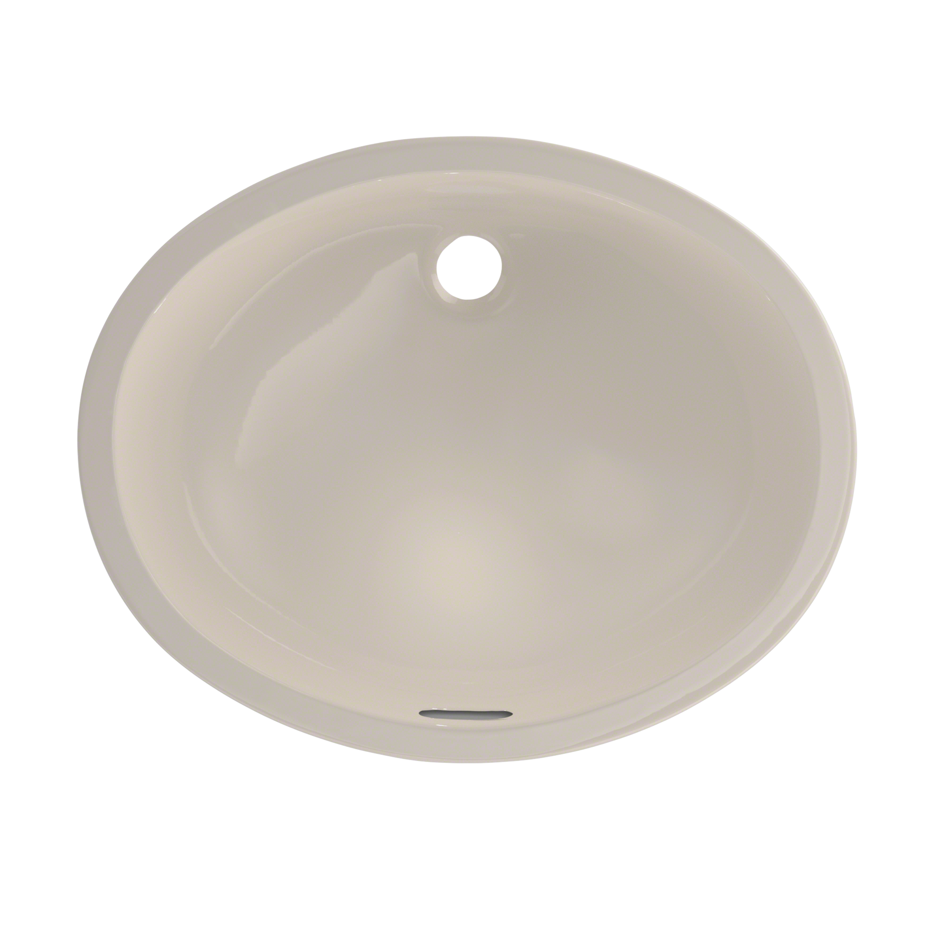 Sedona beige oval undermount bathroom sink with single faucet hole, viewed from above.
