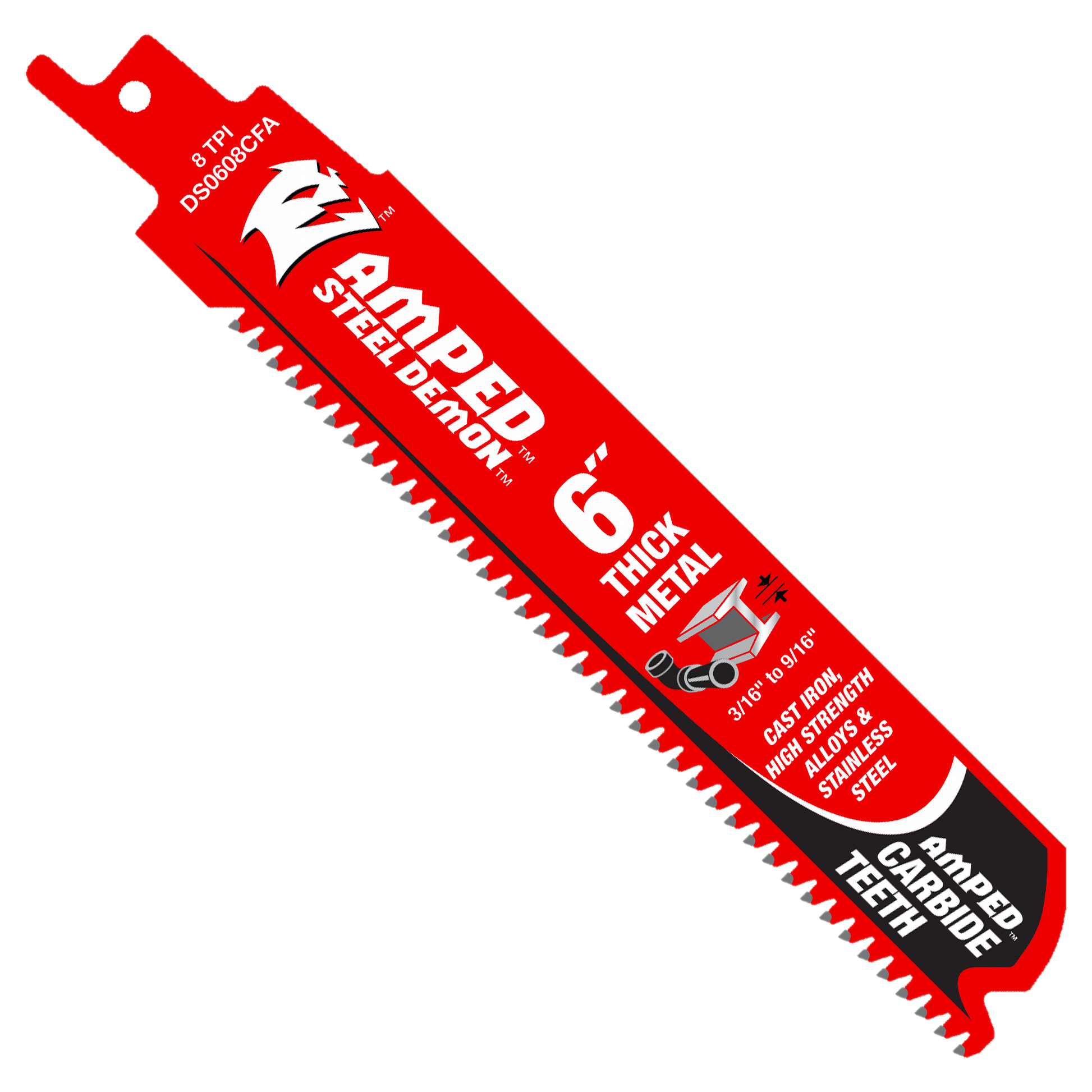 Three red Diablo Steel Demon Amped carbide reciprocating saw blades with teeth along one edge, labeled for thick metal cuttin