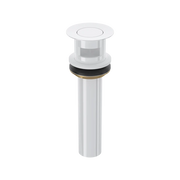 White bathtub drain assembly with circular overflow ring, cylindrical body, and black rubber seal.