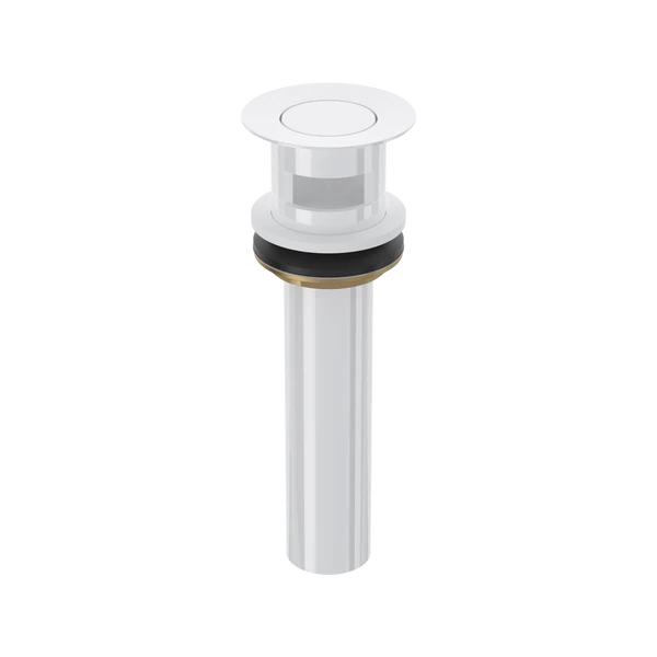 White bathtub drain assembly with circular overflow ring, cylindrical body, and black rubber seal.