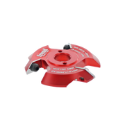 Red Freud backcutter router bit with dual cutting edges and black adjustment knobs on circular base.