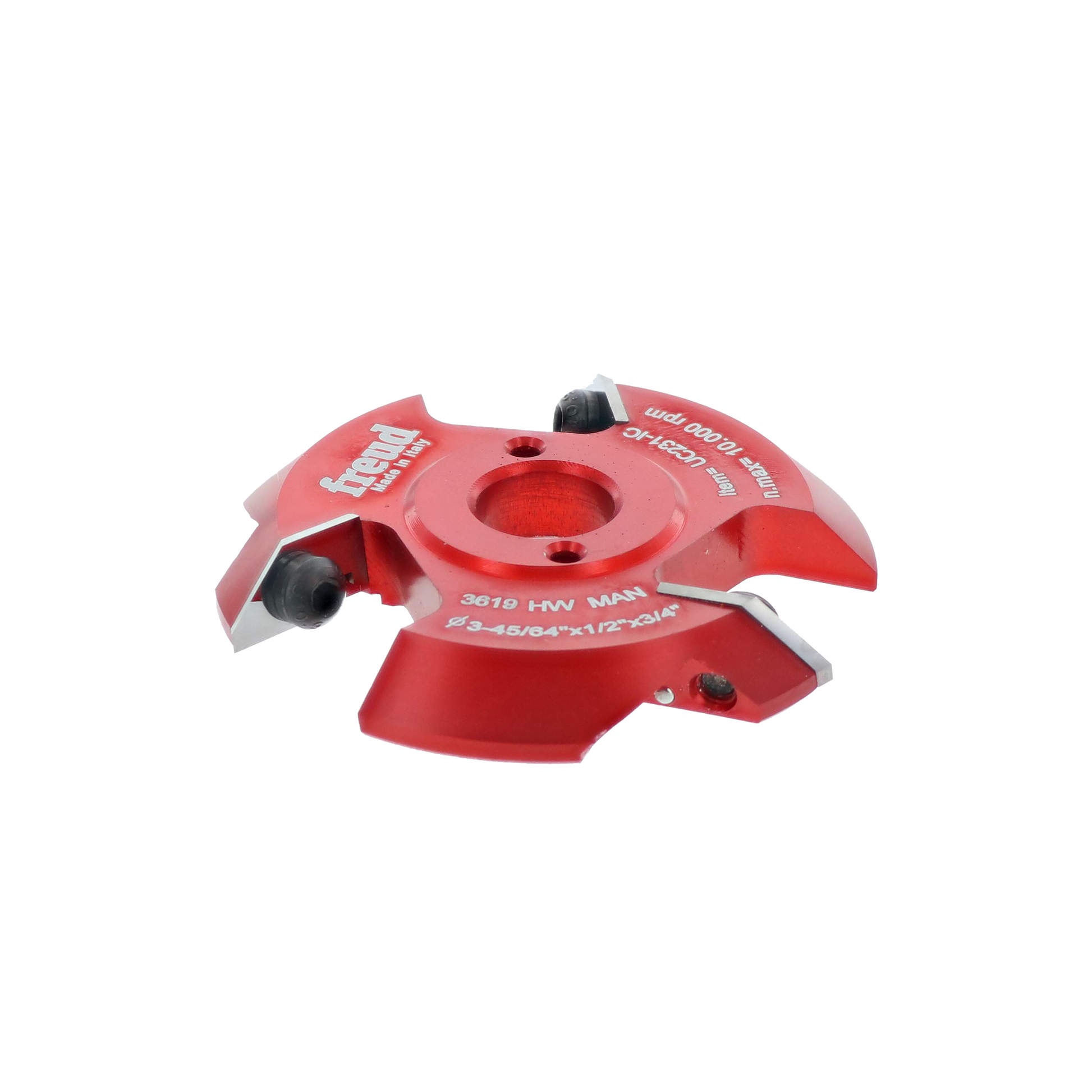Red Freud backcutter router bit with dual cutting edges and black adjustment knobs on circular base.