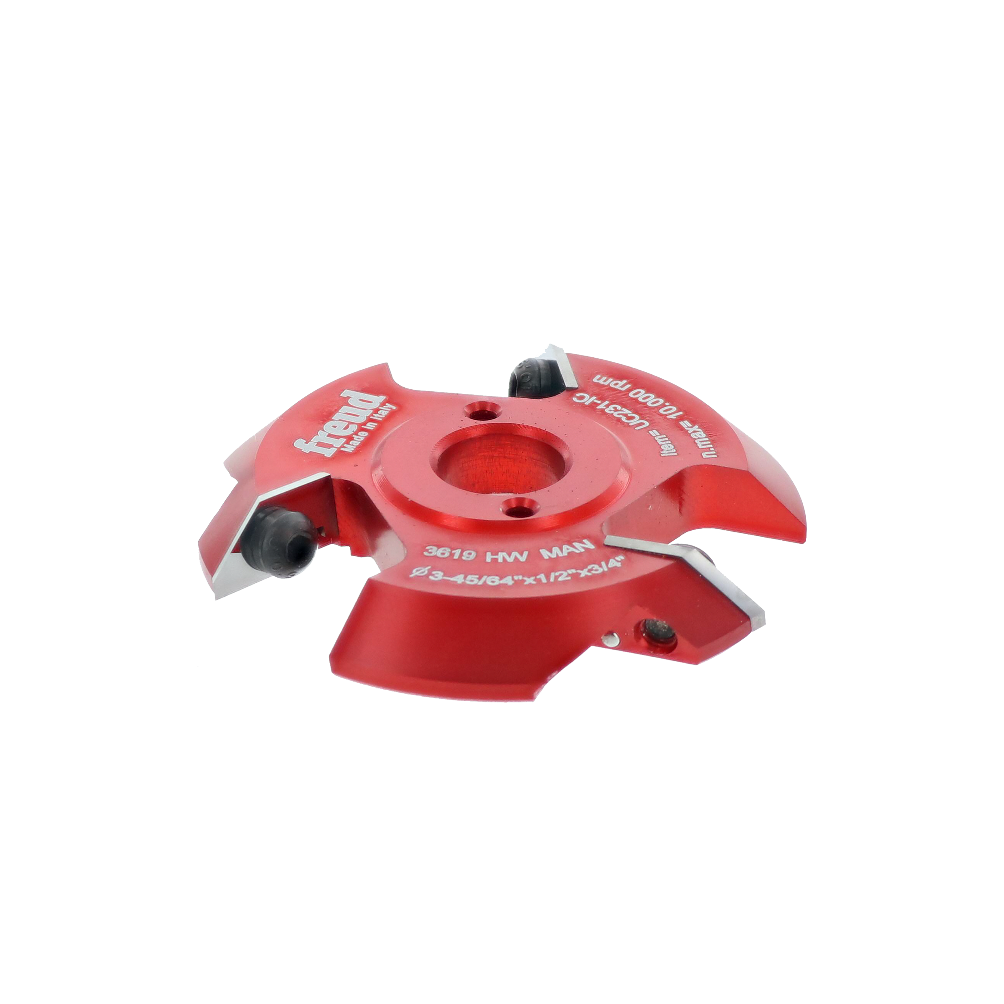 Red Freud backcutter router bit with dual cutting edges and black adjustment knobs on circular base.