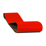 Red sanding belt with black backing, 4 inches wide by 36 inches long, 80 grit abrasive surface.