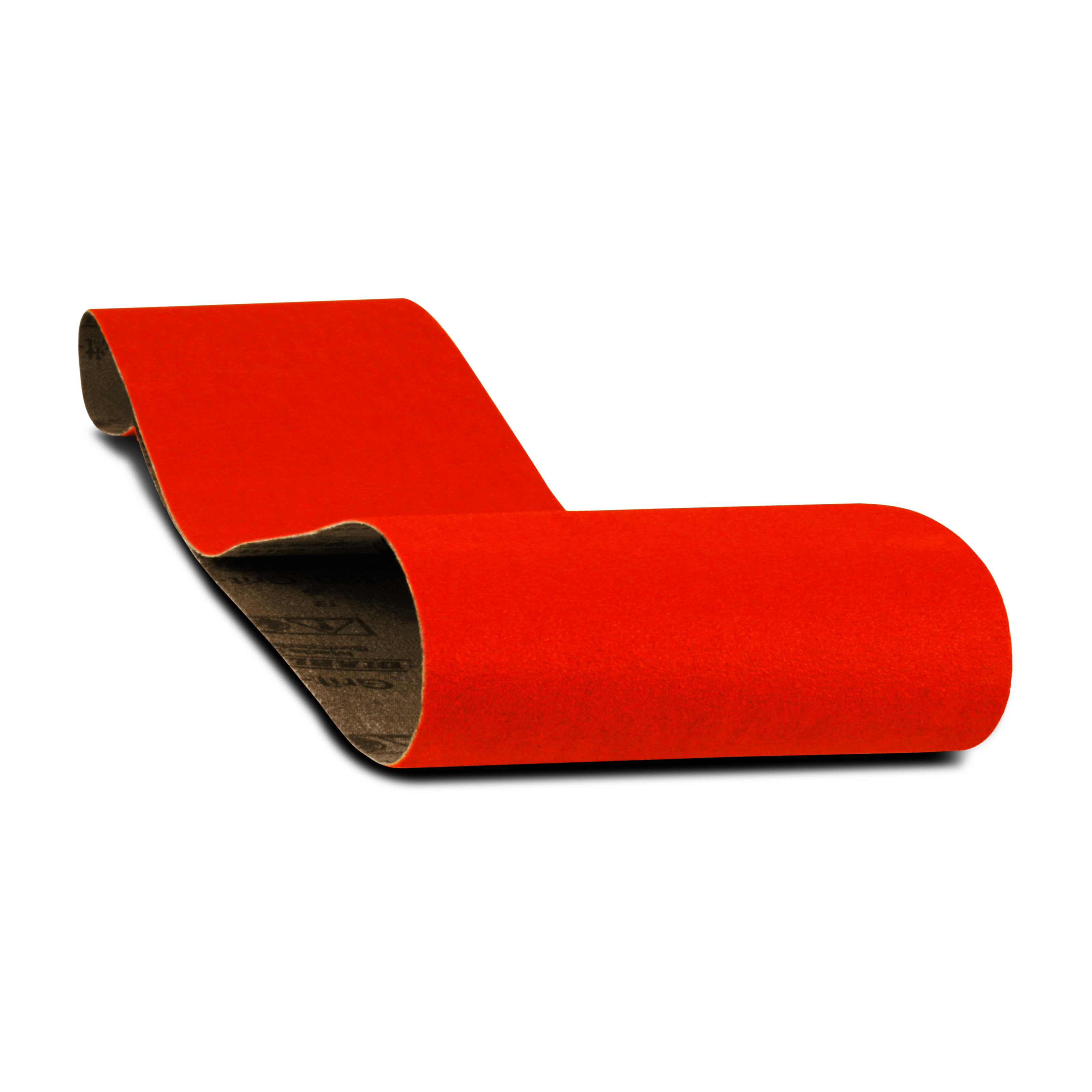 Red sanding belt with black backing, 4 inches wide by 36 inches long, 80 grit abrasive surface.