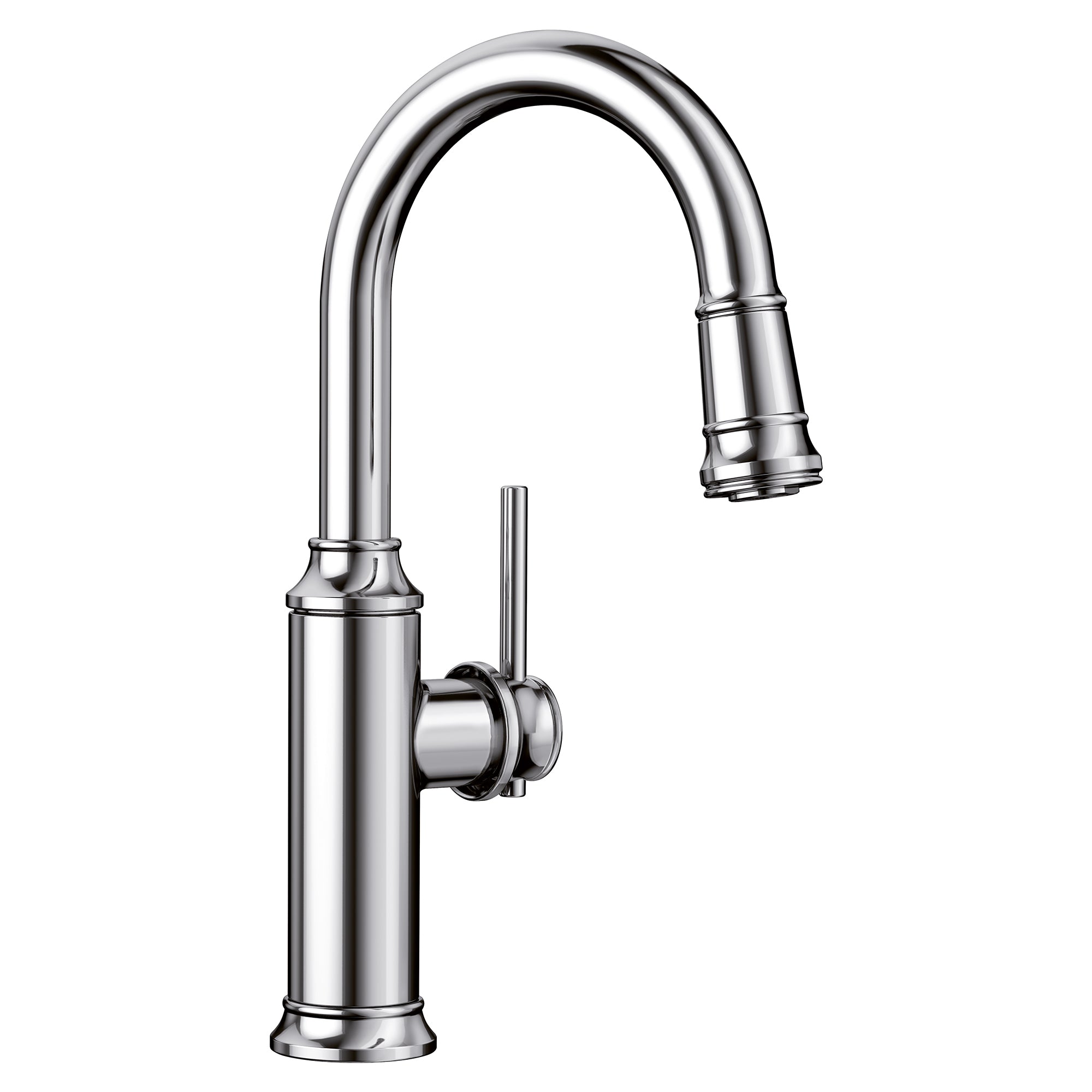 Chrome pull-down kitchen faucet with curved spout, single lever handle, and retractable spray head.