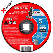 5-inch red metal cut-off disc with thin kerf design, 1/16-inch thickness, X-Lock arbor compatibility.