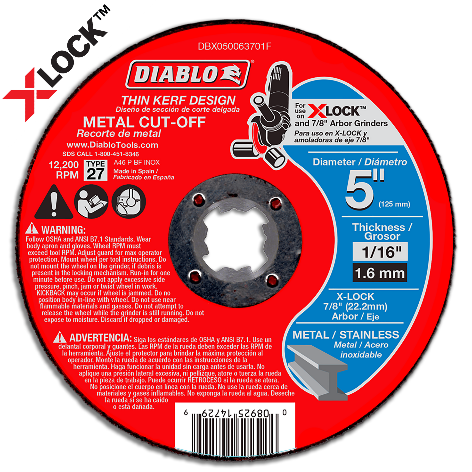 5-inch red metal cut-off disc with thin kerf design, 1/16-inch thickness, X-Lock arbor compatibility.