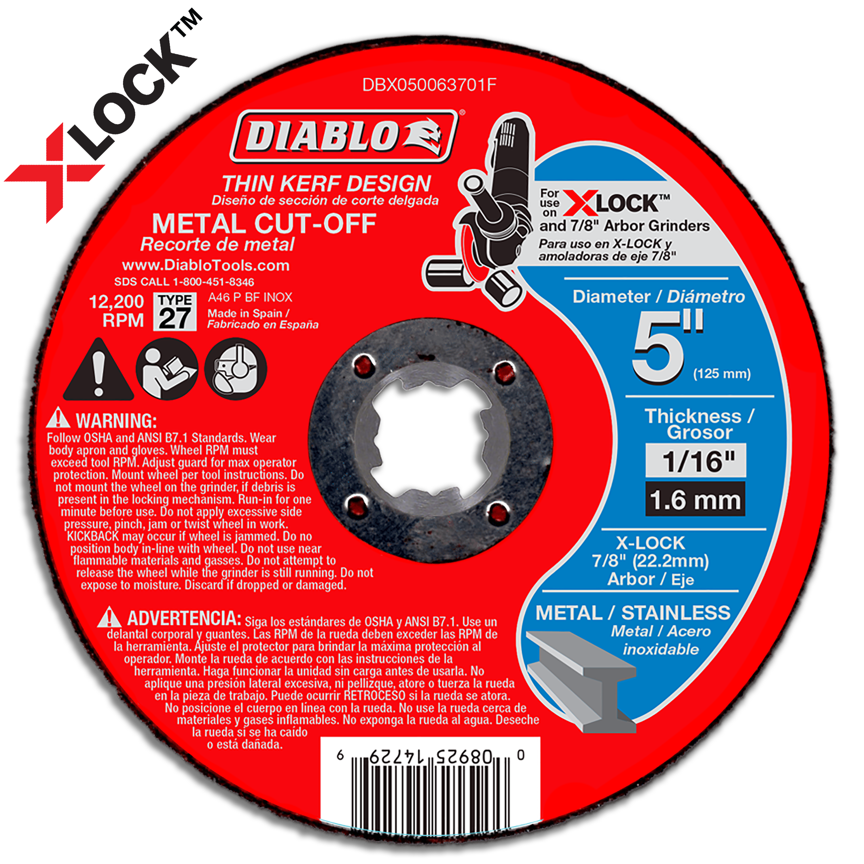 5-inch red metal cut-off disc with thin kerf design, 1/16-inch thickness, X-Lock arbor compatibility.