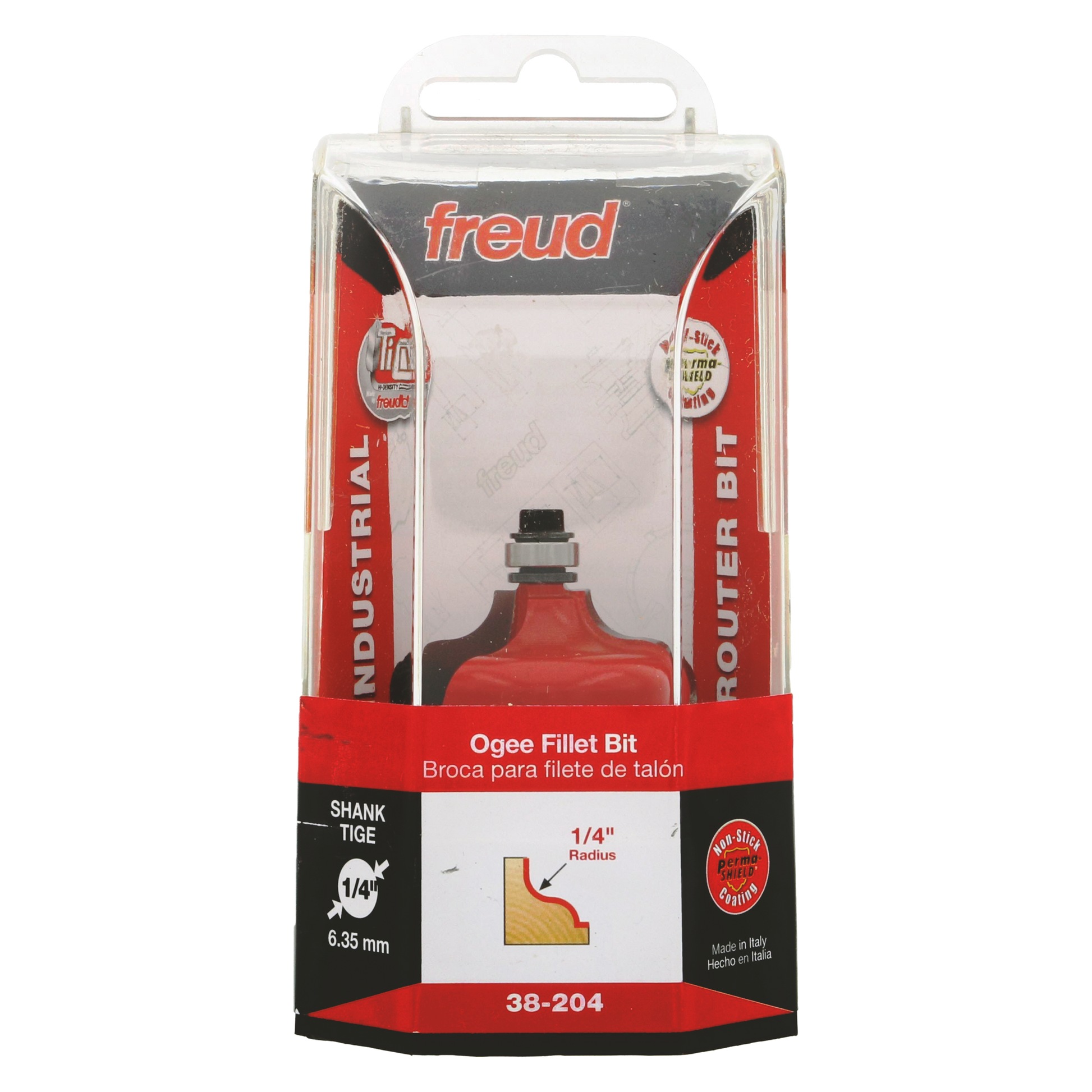 Freud ogee fillet router bit with red base, 1/4" shank, in clear plastic packaging with product information.