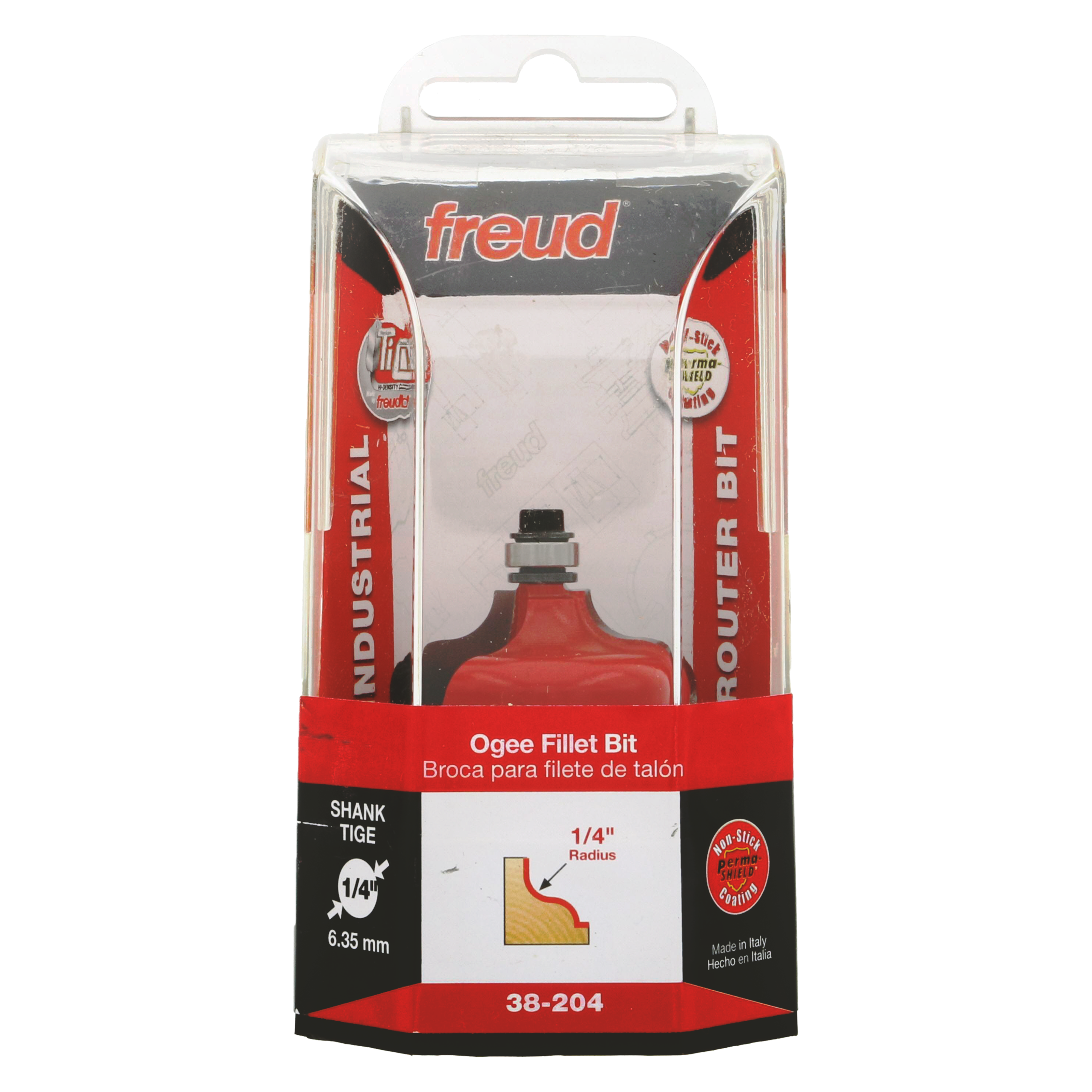 Freud ogee fillet router bit with red base, 1/4" shank, in clear plastic packaging with product information.