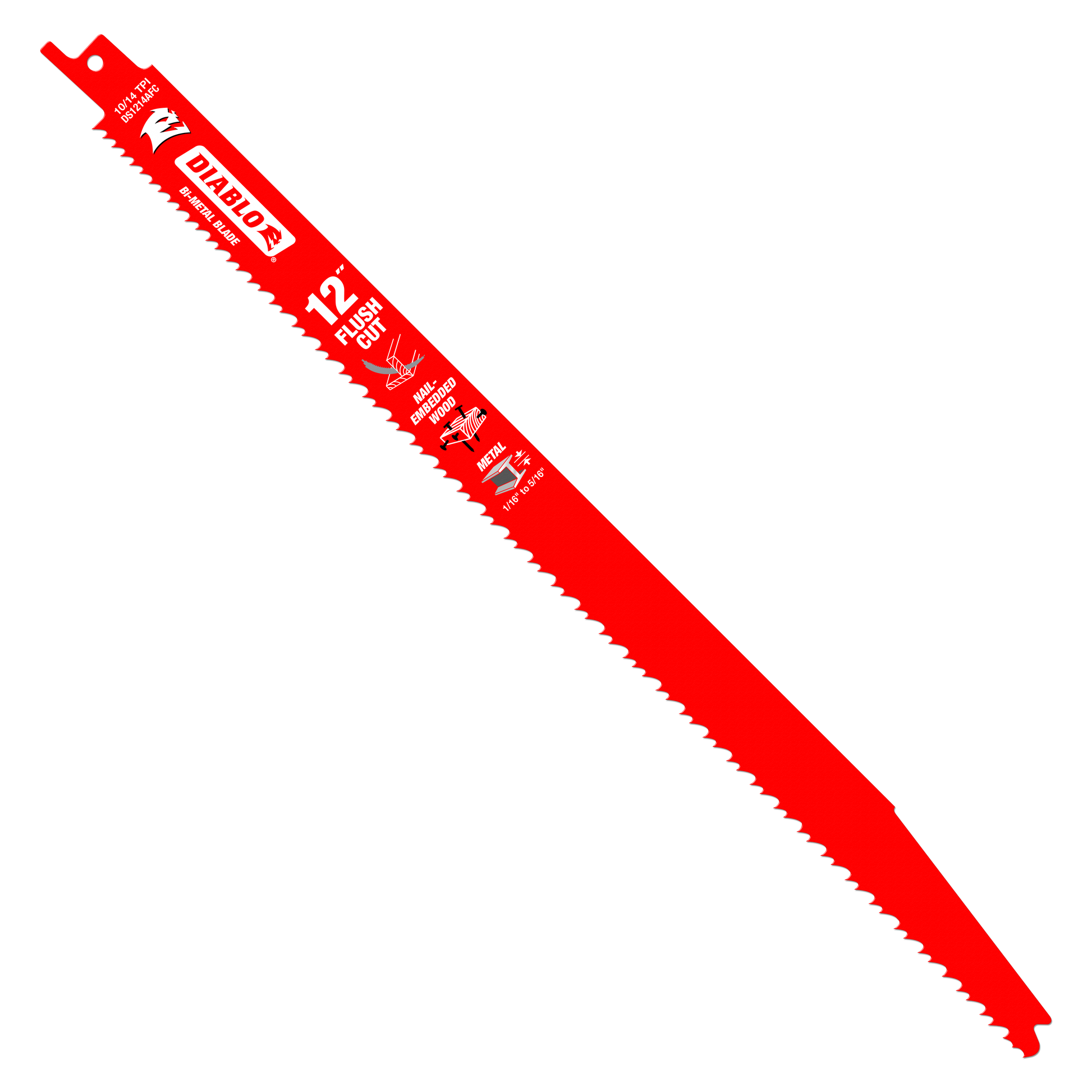 Red Diablo 12-inch flush reciprocating saw blade with serrated cutting edge and mounting tang.