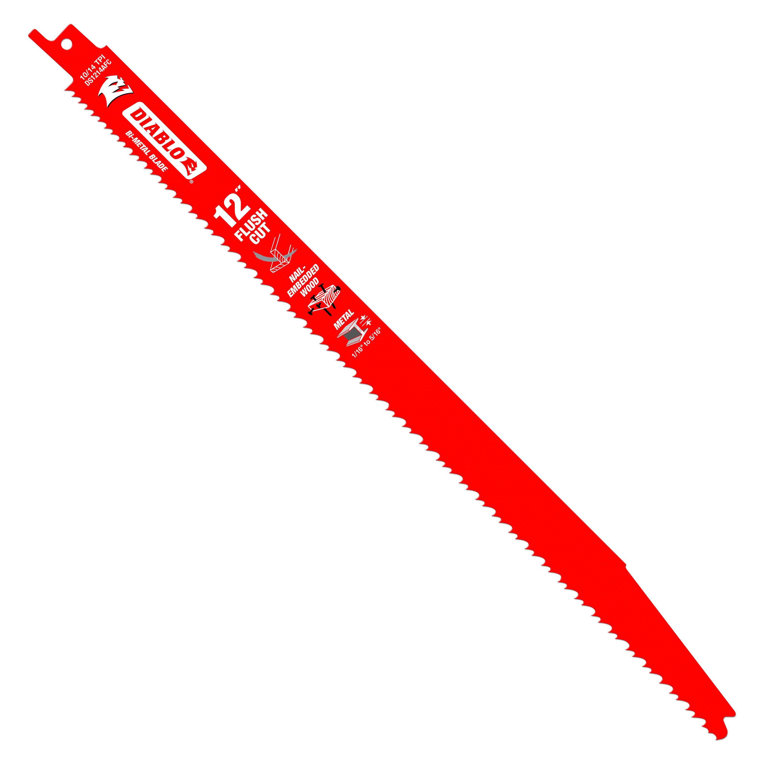 Red Diablo 12-inch flush reciprocating saw blade with serrated cutting edge and mounting tang.