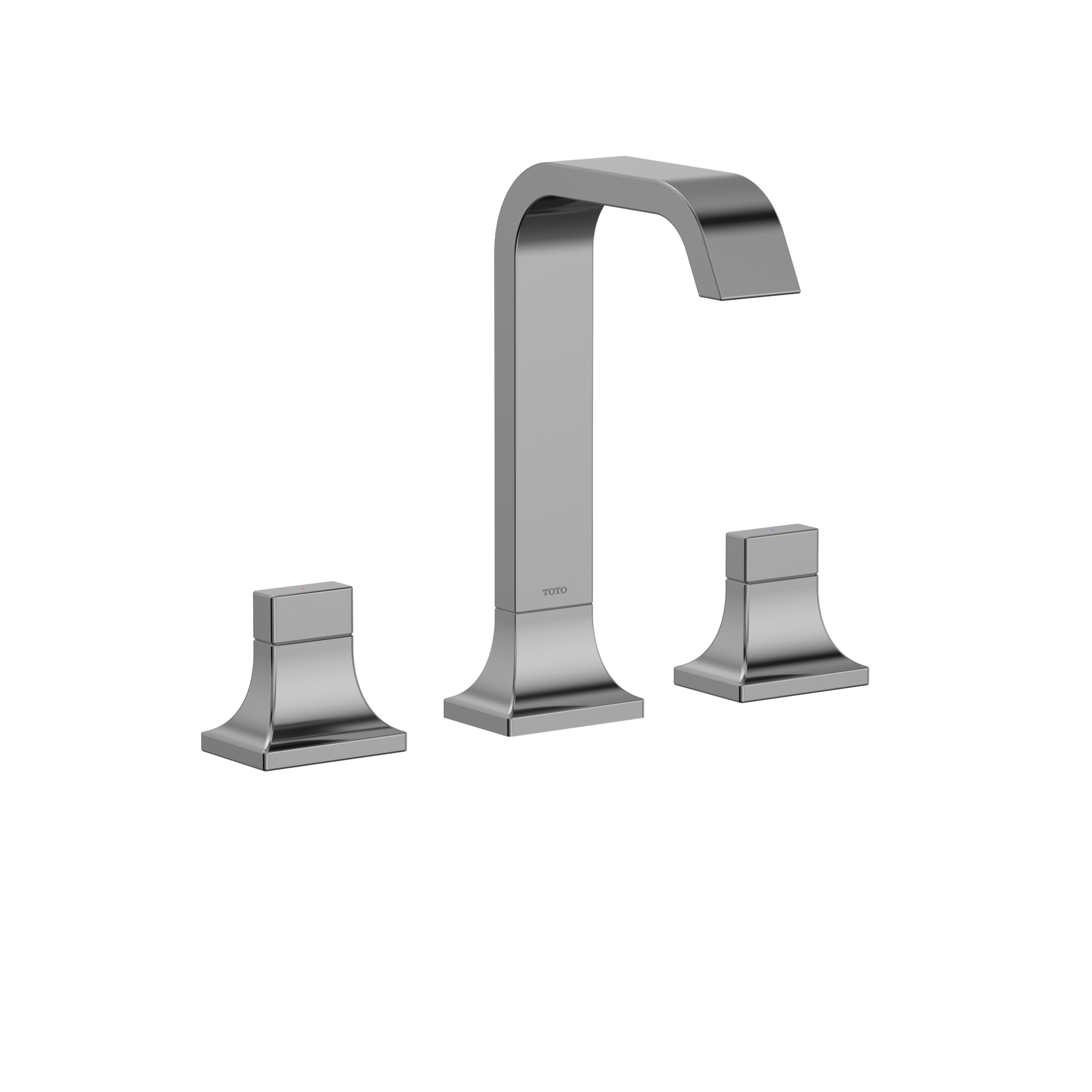 Polished chrome two-handle widespread bathroom sink faucet with curved spout and square base handles.