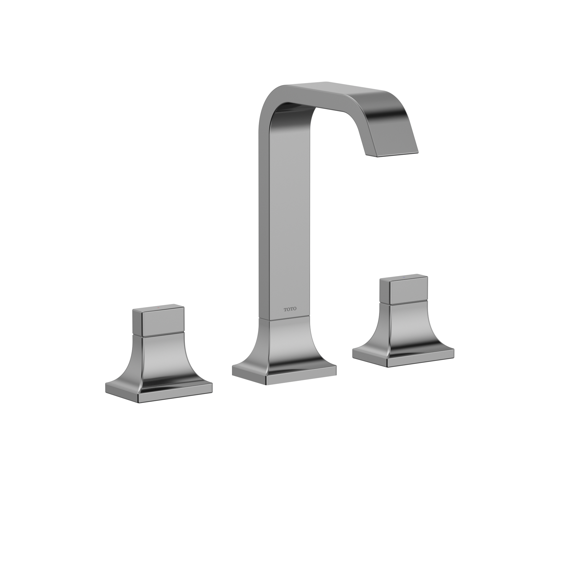 Polished chrome two-handle widespread bathroom sink faucet with curved spout and square base handles.