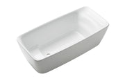 White freestanding soaker bathtub with curved sides and sloped interior for reclining.