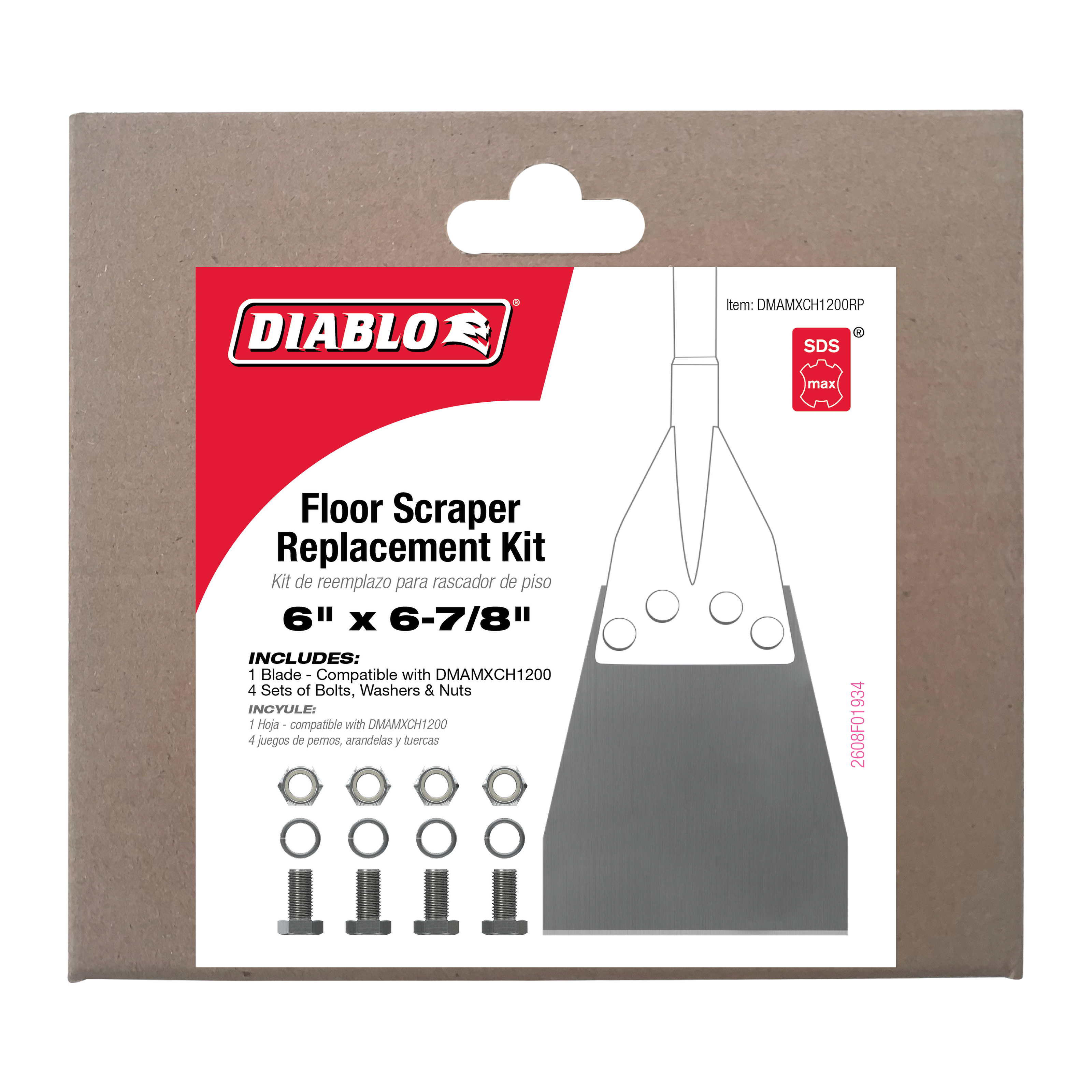 Diablo SDS-Max floor scraper replacement kit packaging showing blade and hardware components with dimensions 6" x 6-7/8".