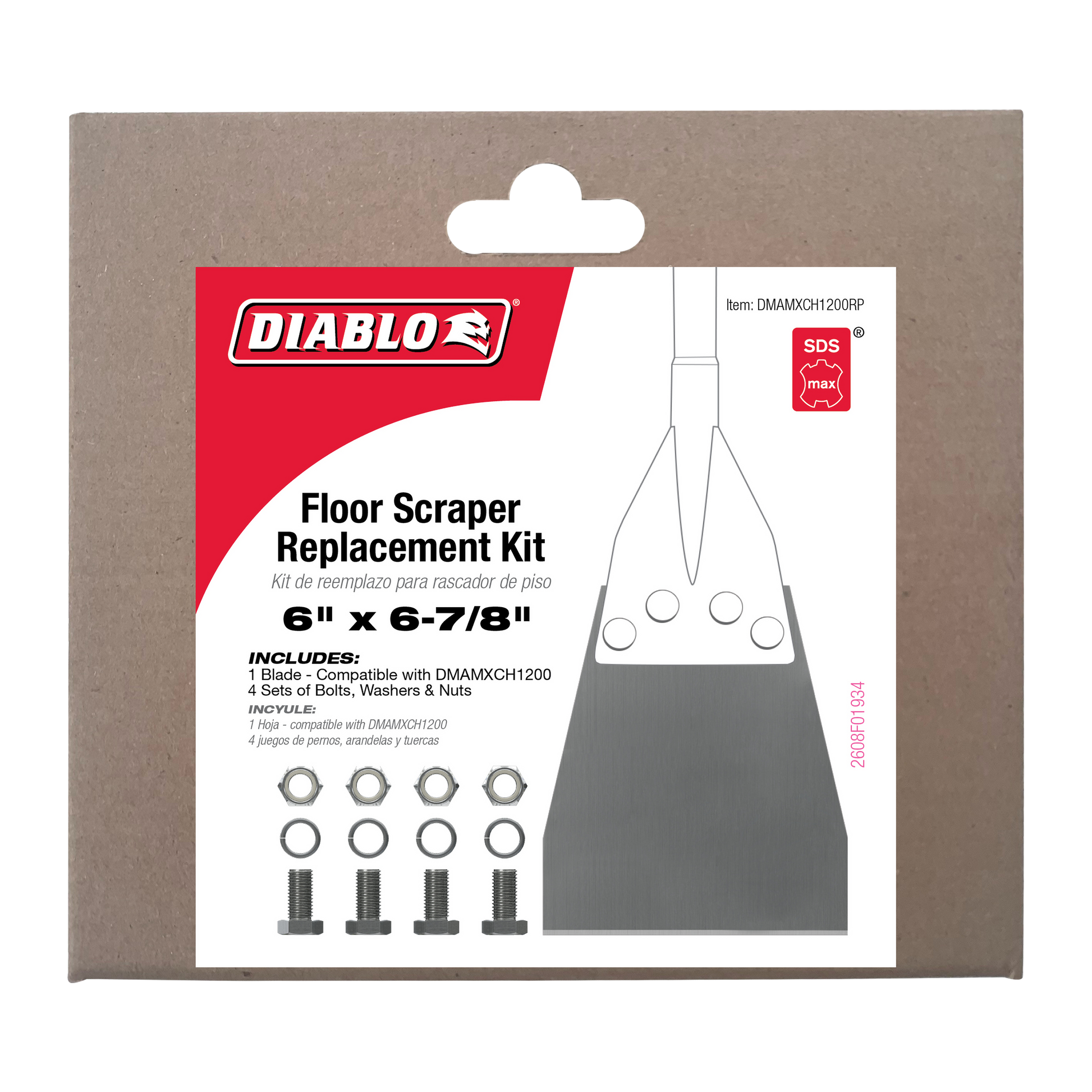 Diablo SDS-Max floor scraper replacement kit package showing blade, bolts, washers, and nuts for 6" x 6-7/8" scraper.