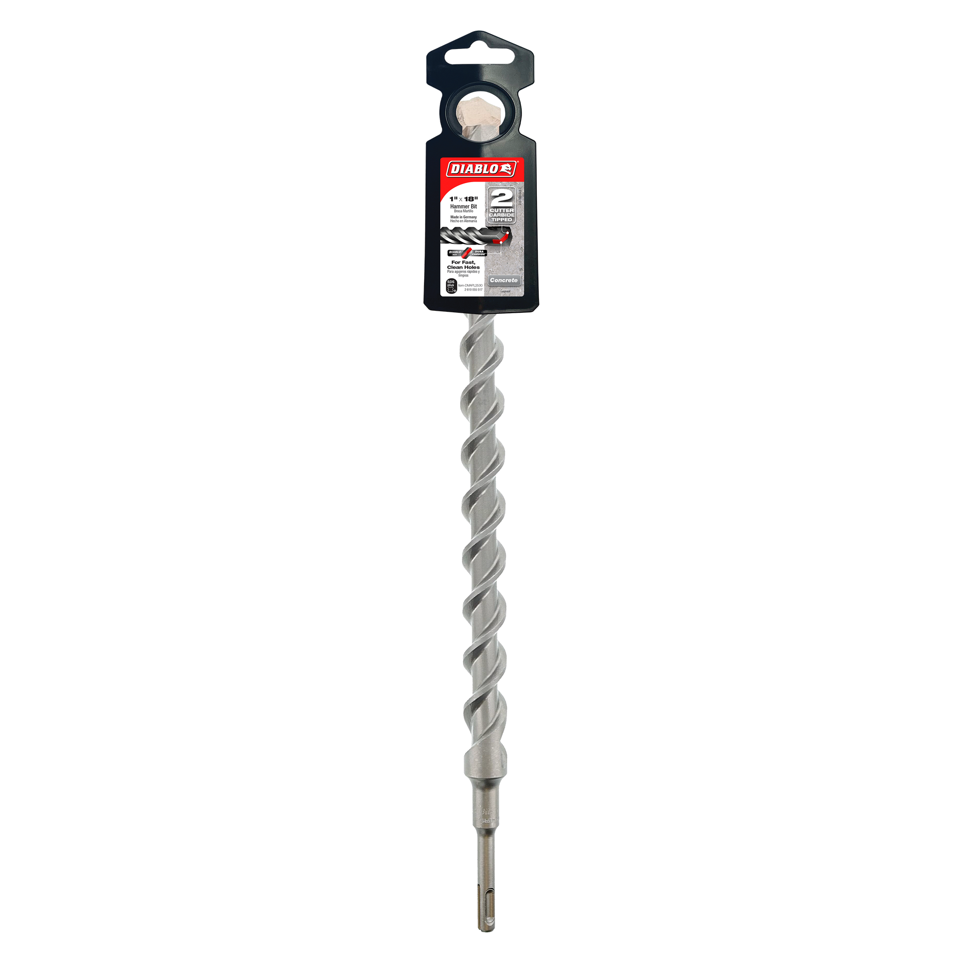 Diablo SDS-Plus 2-cutter rotary hammer drill bit with spiral flutes and black packaging header displayed vertically.