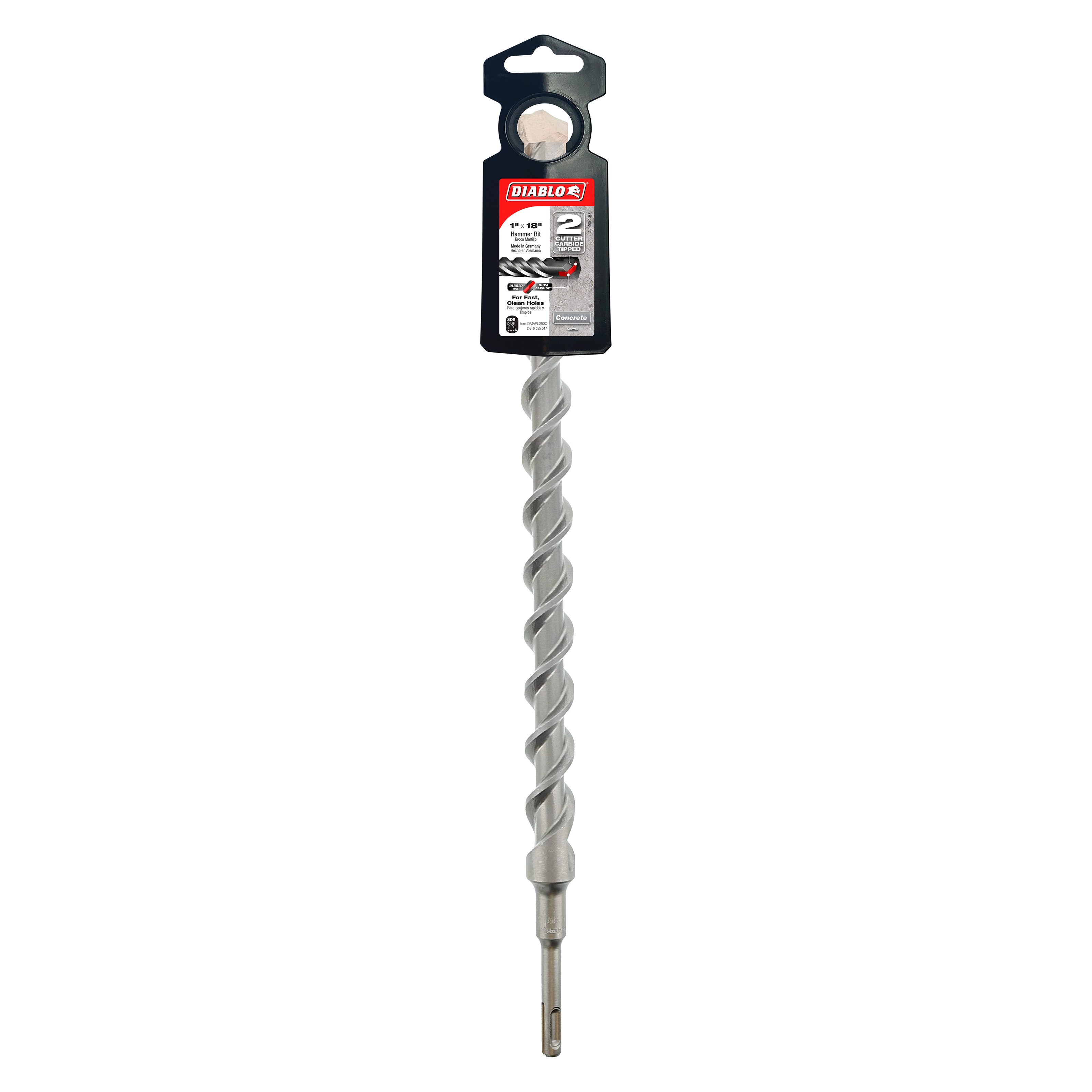 Diablo SDS-Plus 2-cutter rotary hammer drill bit with spiral flutes and black packaging header displayed vertically.