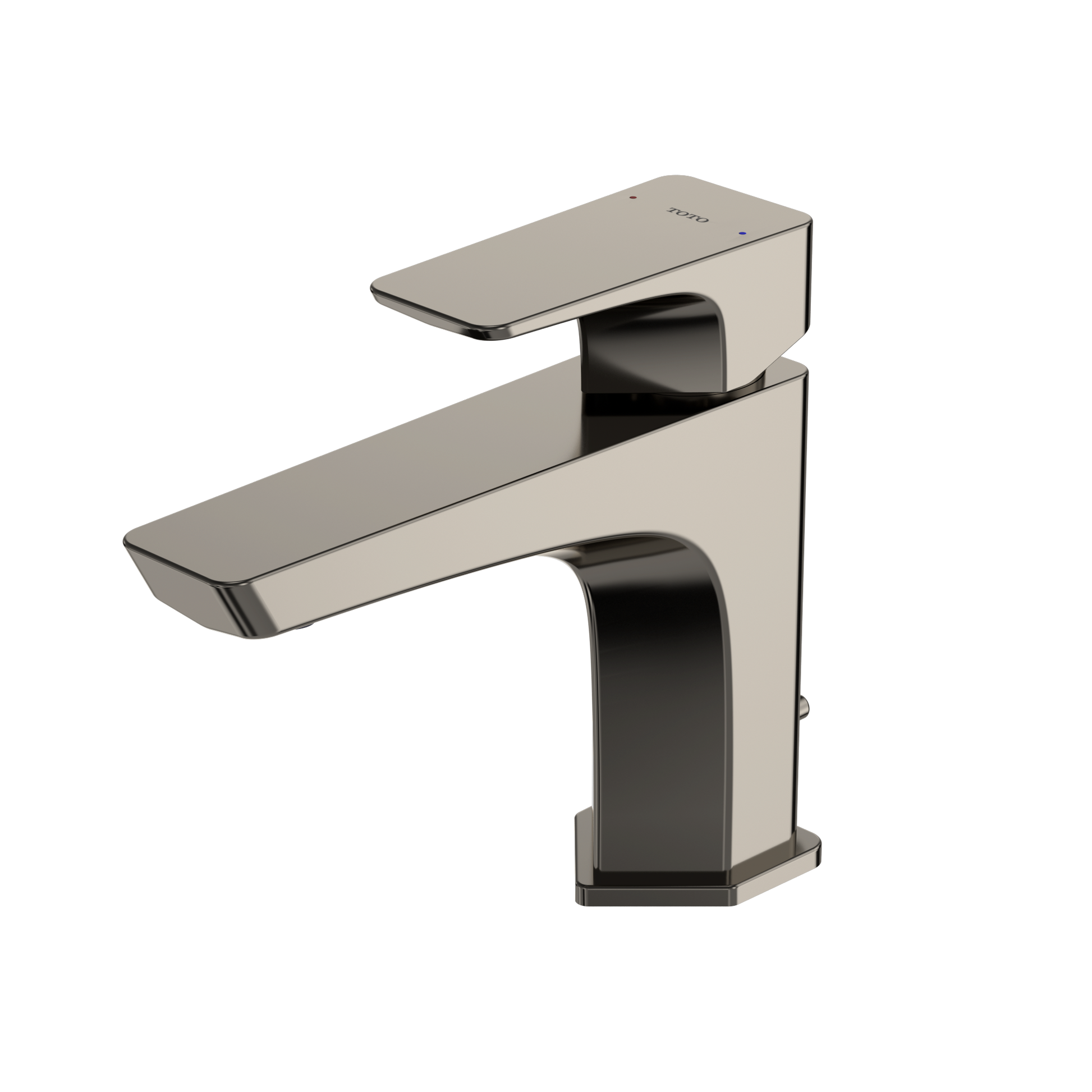 Polished nickel single-handle bathroom sink faucet with rectangular spout and black accents on white background.