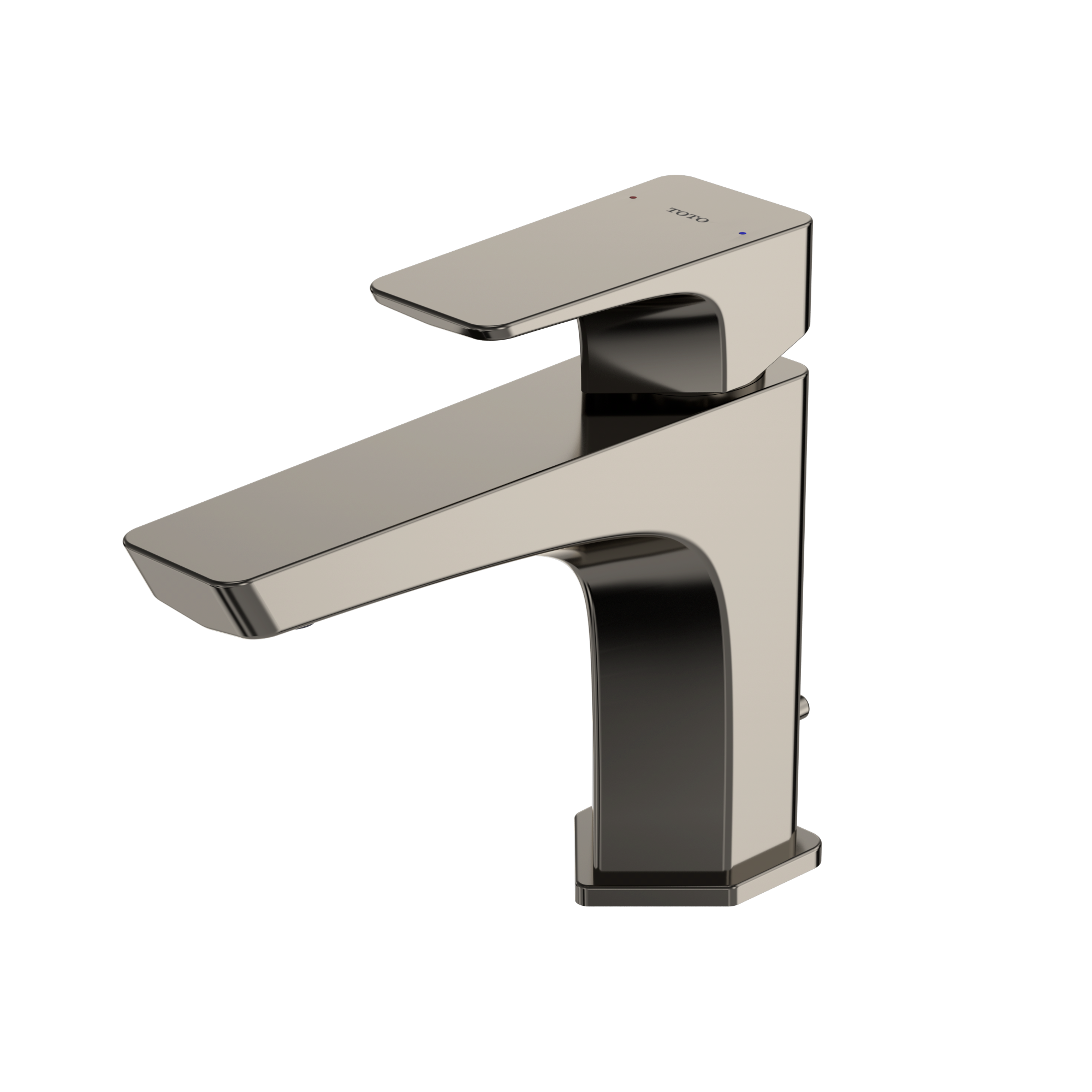 Polished nickel single-handle bathroom sink faucet with rectangular spout and black accents on white background.