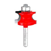 Red beading router bit with silver shank and rounded cutting head on white background.