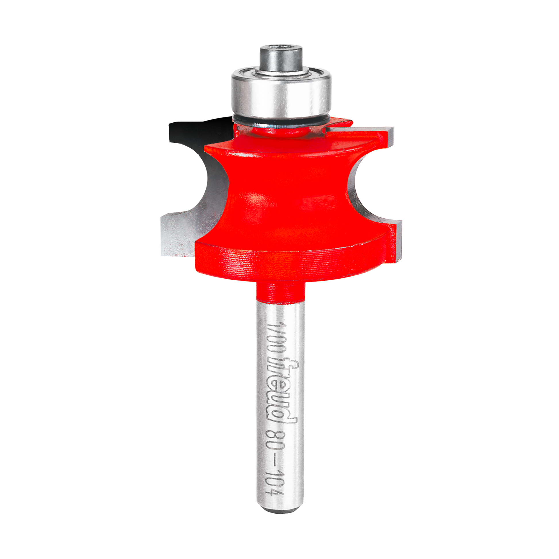 Red beading router bit with silver shank and rounded cutting head on white background.