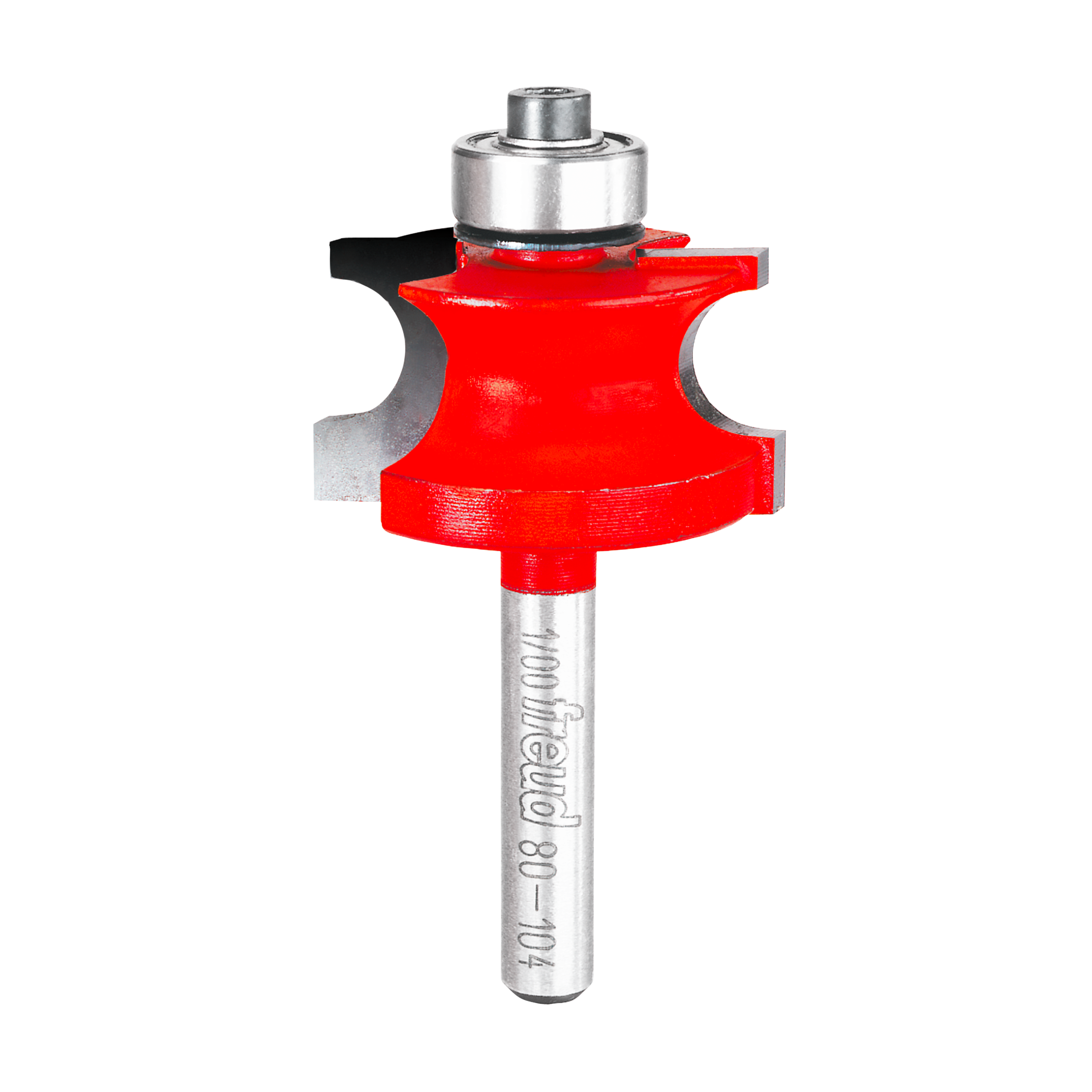 Red beading router bit with silver shank and rounded cutting head on white background.