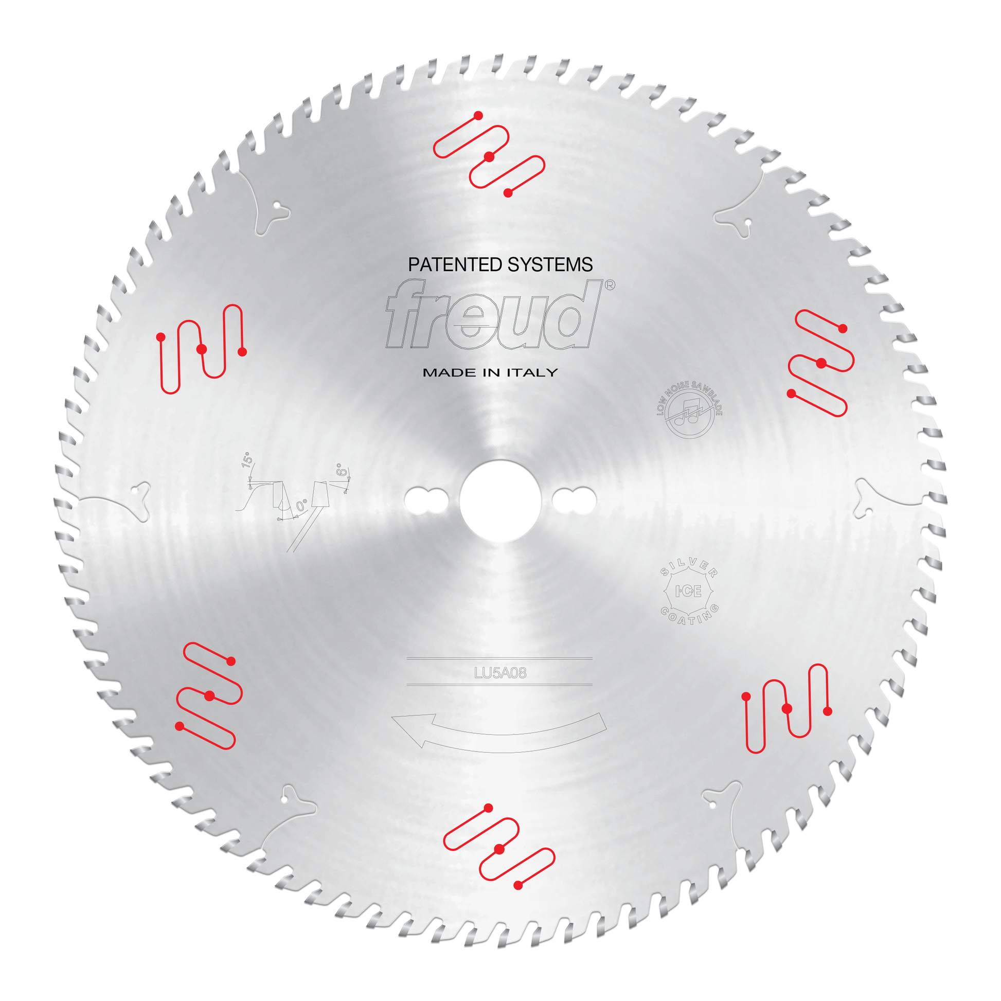 Freud LU5A08 330mm circular saw blade with carbide teeth and red mechanical clamping symbols around the perimeter.