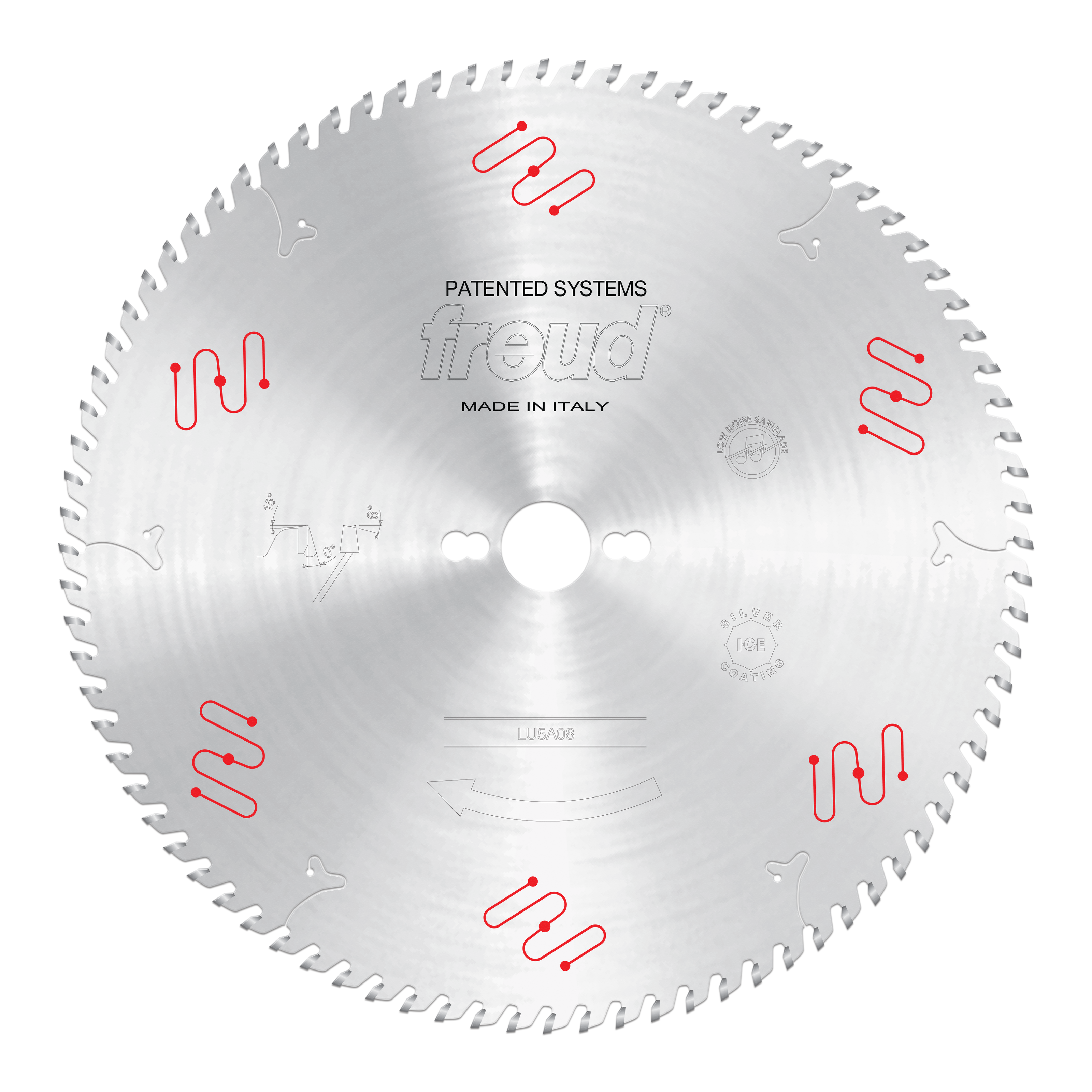 Freud LU5A08 330mm circular saw blade with carbide teeth and red mechanical clamping symbols around the perimeter.