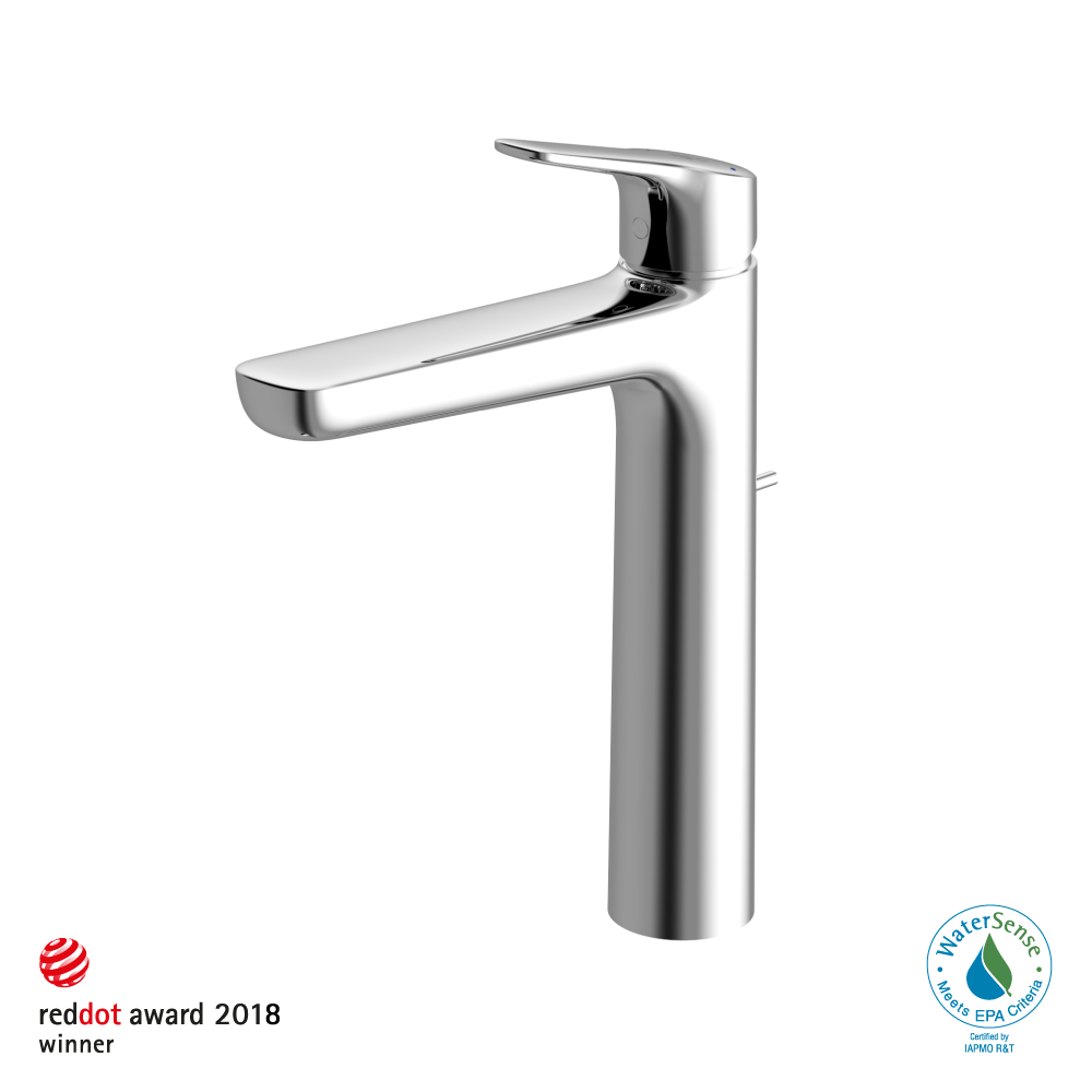 Polished chrome single-handle vessel faucet with curved spout and tall cylindrical base.