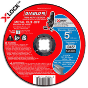 5 inch red and black metal cut-off disc with thin kerf design, X-LOCK arbor, rated 12,200 RPM.