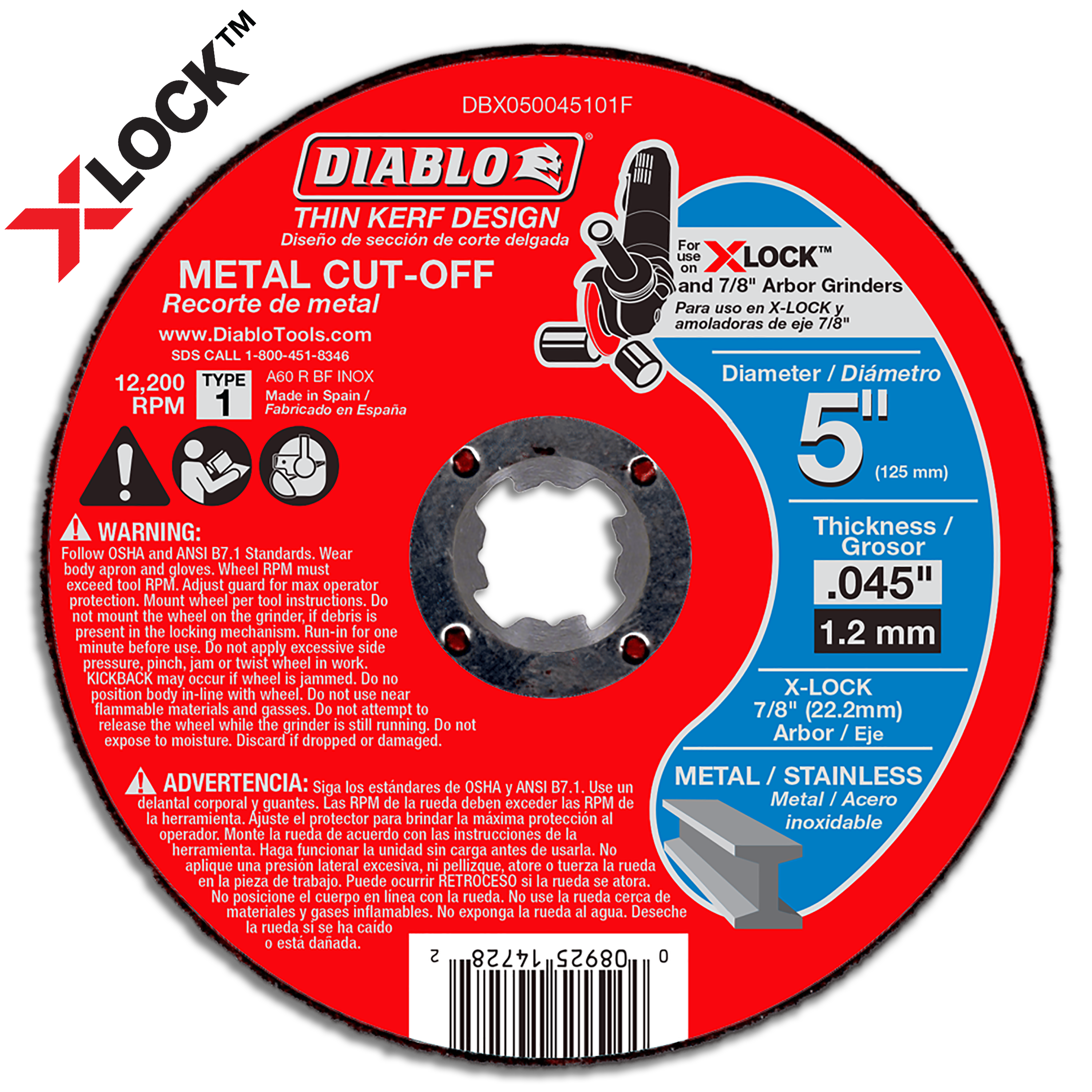 5 inch red and black metal cut-off disc with thin kerf design, X-LOCK arbor, rated 12,200 RPM.