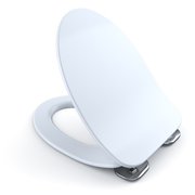 Cotton white elongated oval toilet seat and lid with slow-close mechanism and metal hinges.
