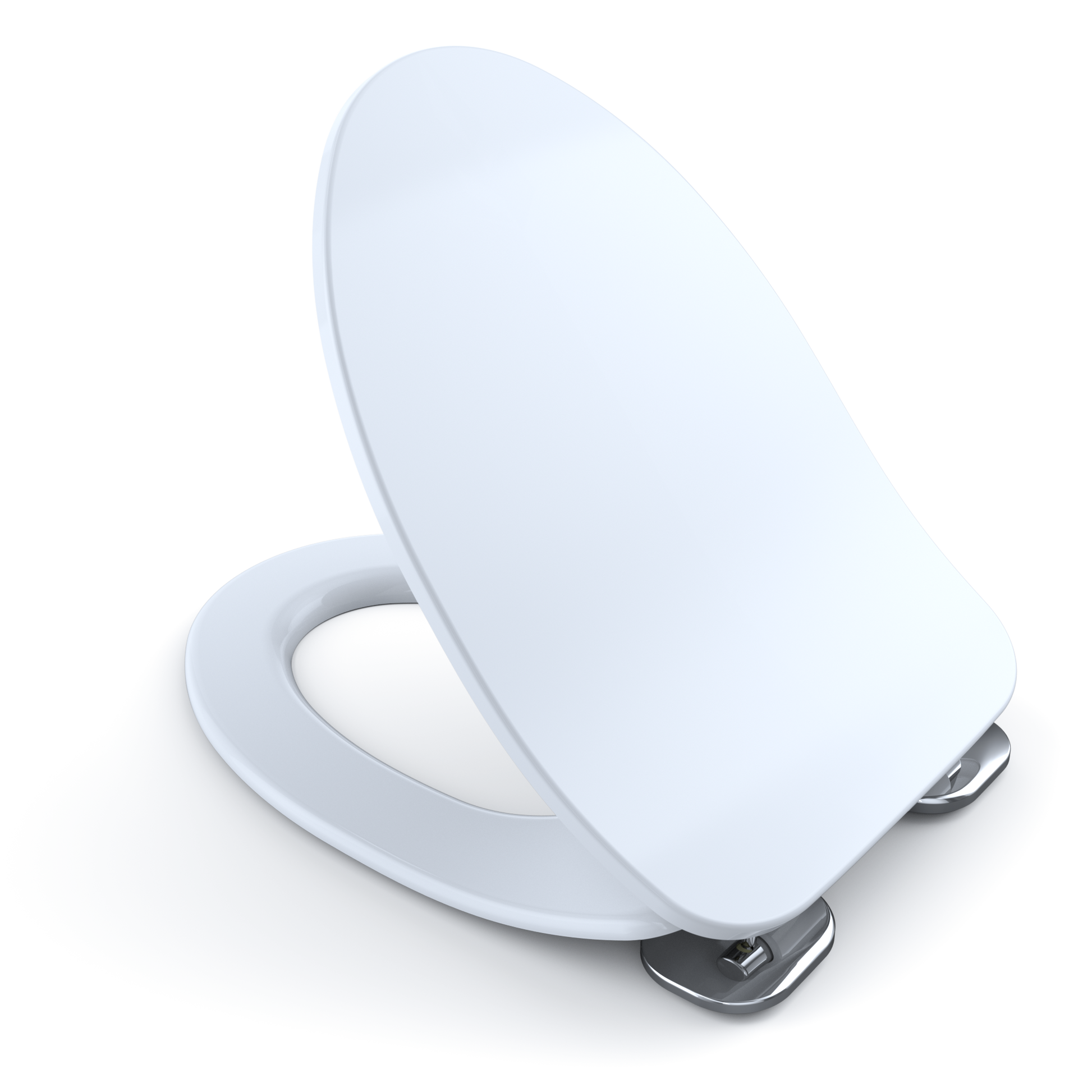 Cotton white elongated oval toilet seat and lid with slow-close mechanism and metal hinges.
