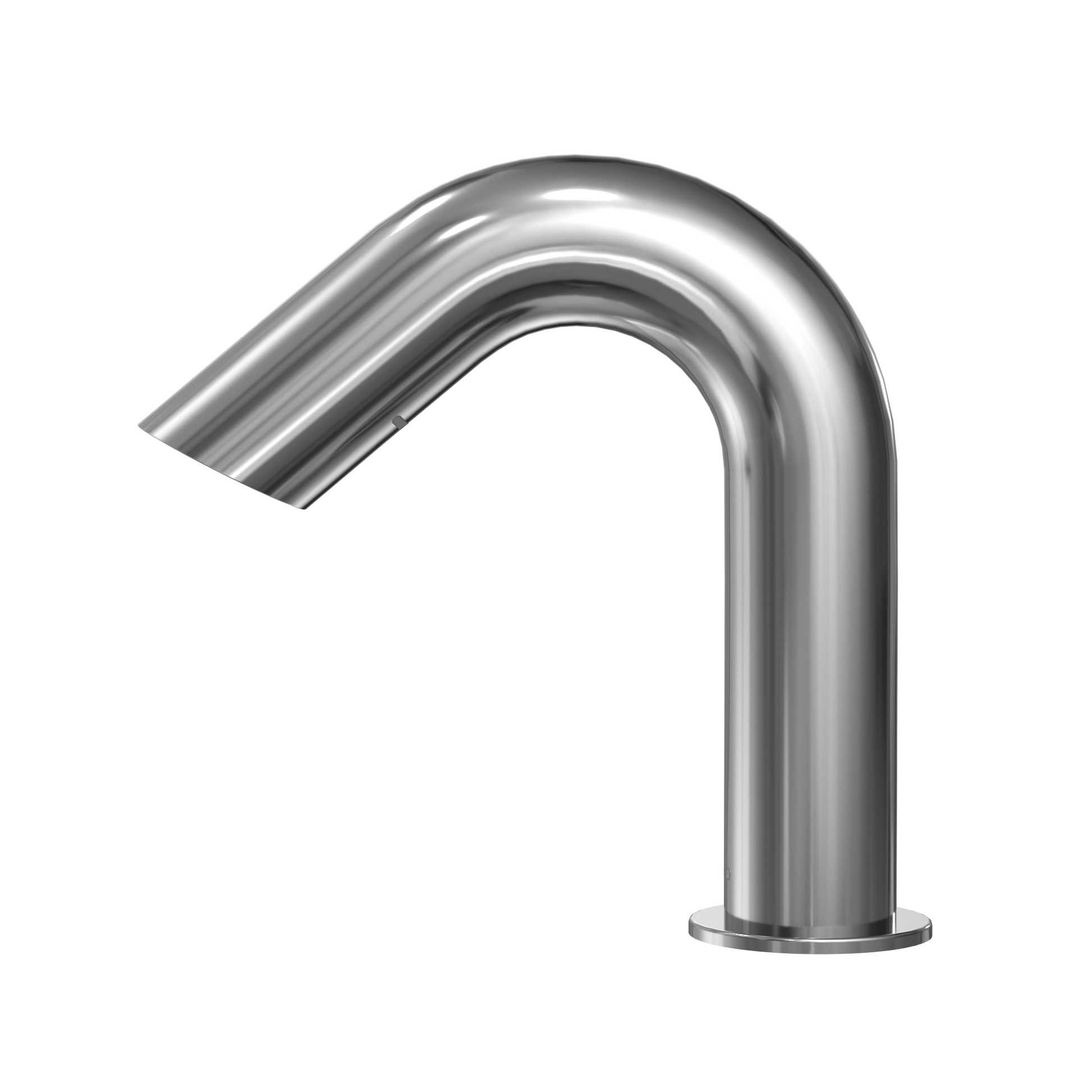 Polished chrome touchless bathroom faucet with curved spout and sensor activation.