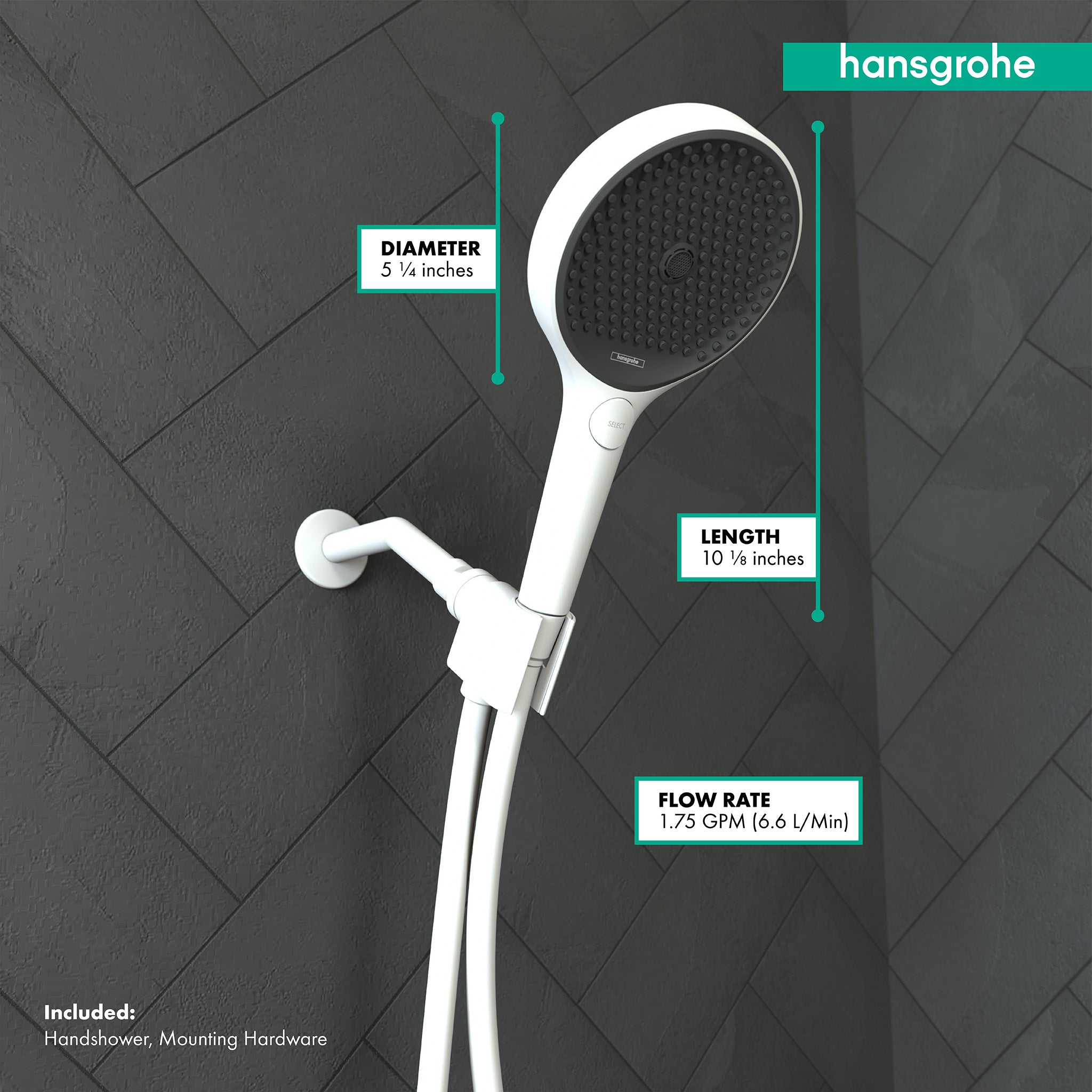 Matte white handheld showerhead with circular black spray face, white handle, and curved mounting bracket against dark tile b