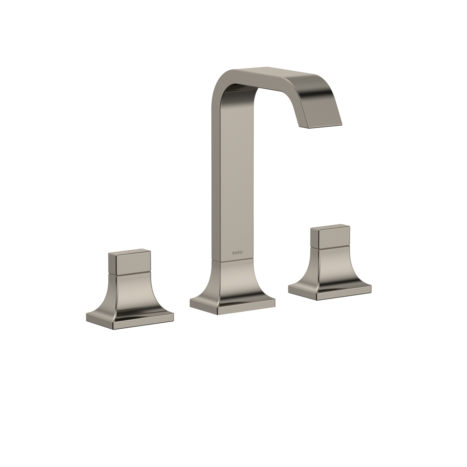 Polished nickel two-handle widespread bathroom sink faucet with curved spout and square base handles.