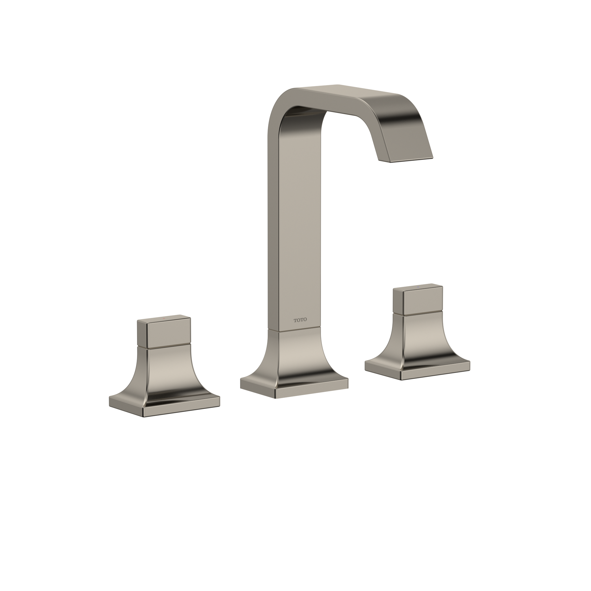 Polished nickel two-handle widespread bathroom sink faucet with curved spout and square base handles.