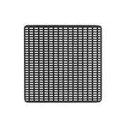 Matte black square drain plate with wedge wire grid pattern and rounded corners.