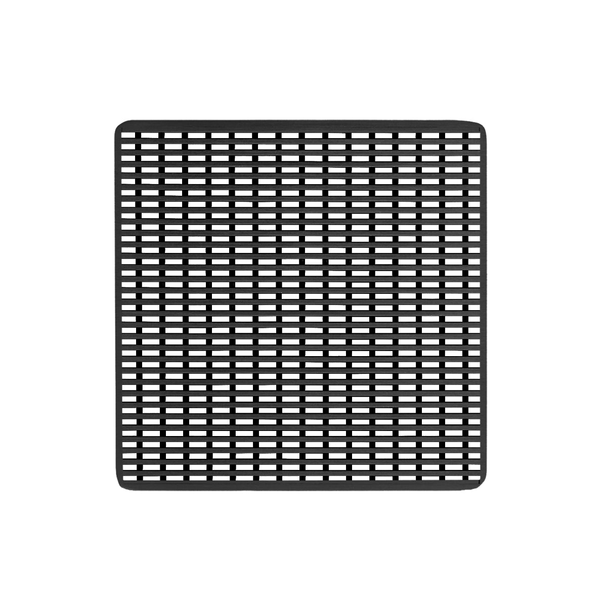 Matte black square drain plate with wedge wire grid pattern and rounded corners.
