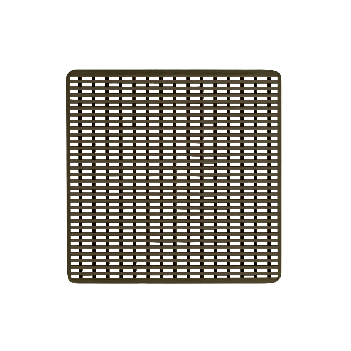 Square oil rubbed bronze drain cover with wedge wire grid pattern and rounded corners.