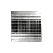 Square polished stainless steel drain cover with horizontal slat pattern and center drain opening.