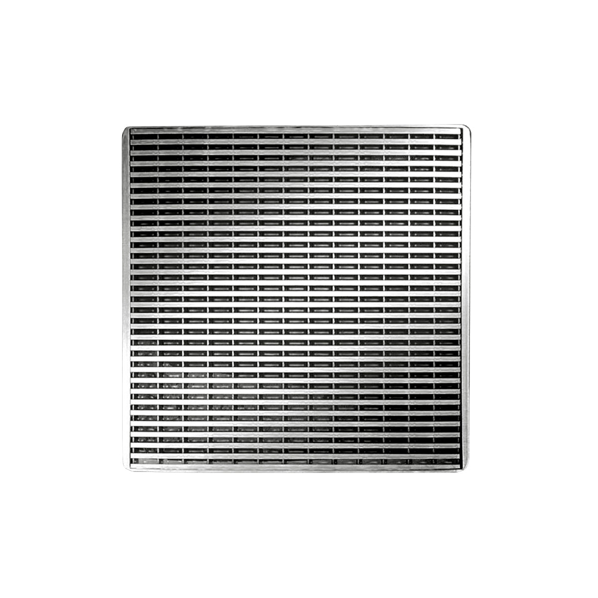 Square polished stainless steel drain cover with horizontal slat pattern and center drain opening.