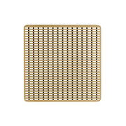 Square satin bronze decorative drain plate with woven wedge wire pattern and rounded corners.