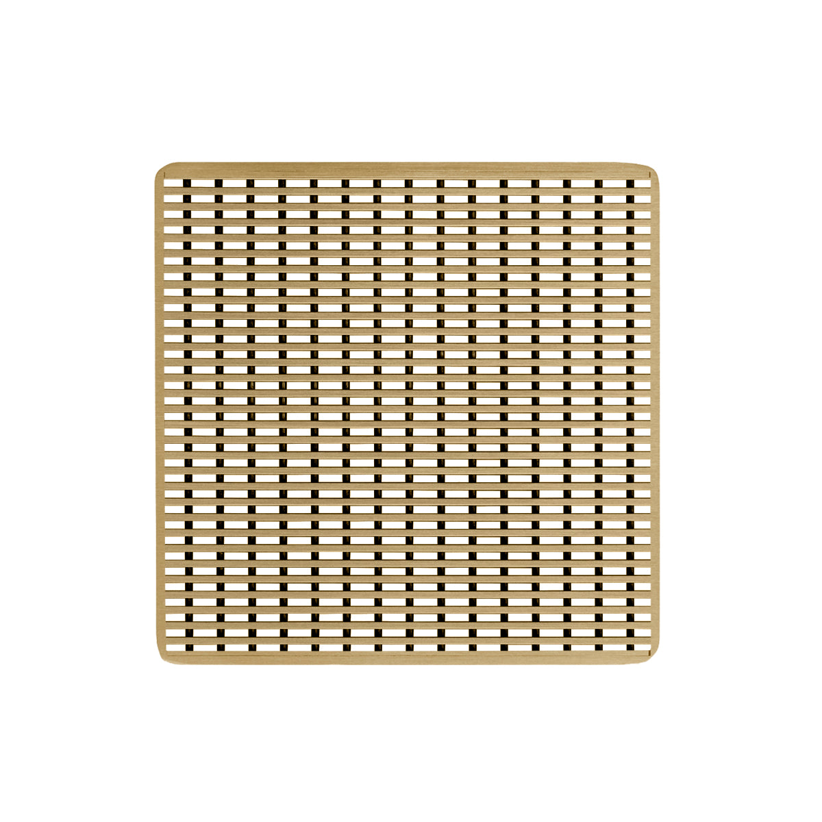 Square satin bronze decorative drain plate with woven wedge wire pattern and rounded corners.
