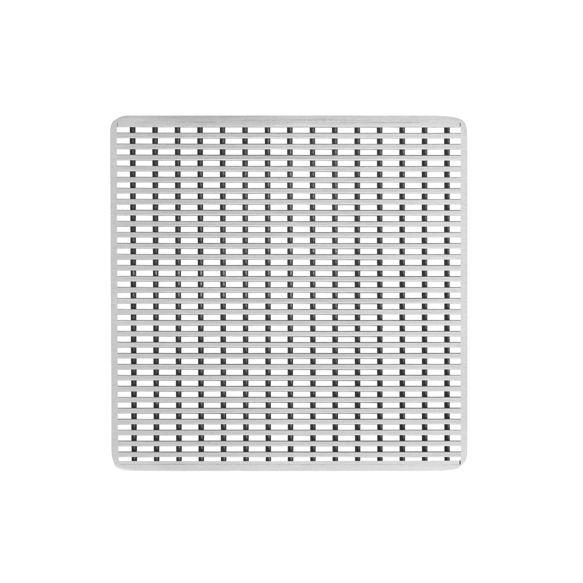 Square satin stainless steel drain cover with wedge wire grid pattern and rounded corners.