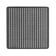 Matte black square drain cover with grid pattern and rounded corners, center drain opening.
